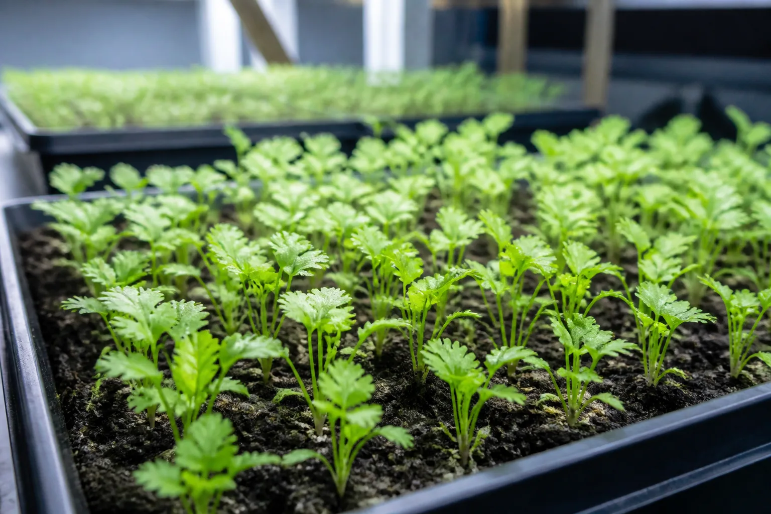 Vegetable seedlings under grow lights on a seed-starting shelf with humidity domes and labeled trays