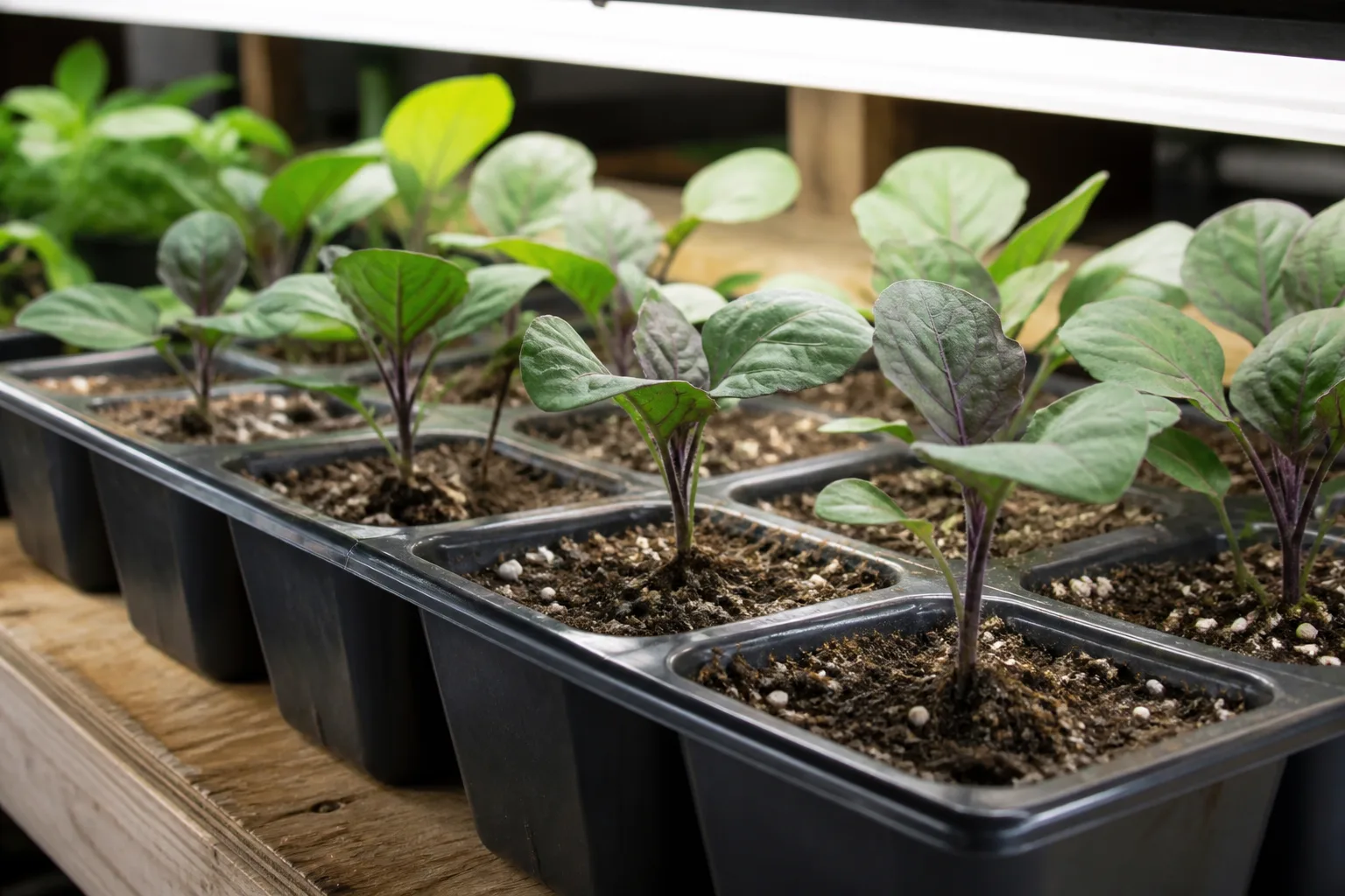 Vegetable seedlings under LED grow lights on an indoor seed-starting rack