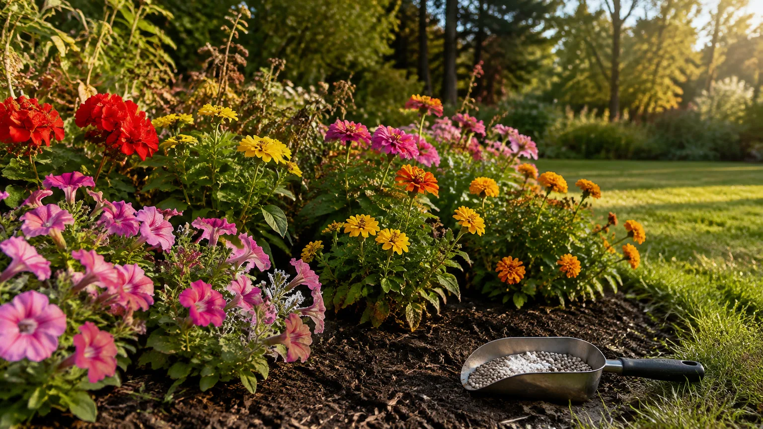 Late-summer annual flower bed with a fertilizer scoop beside healthy blooms