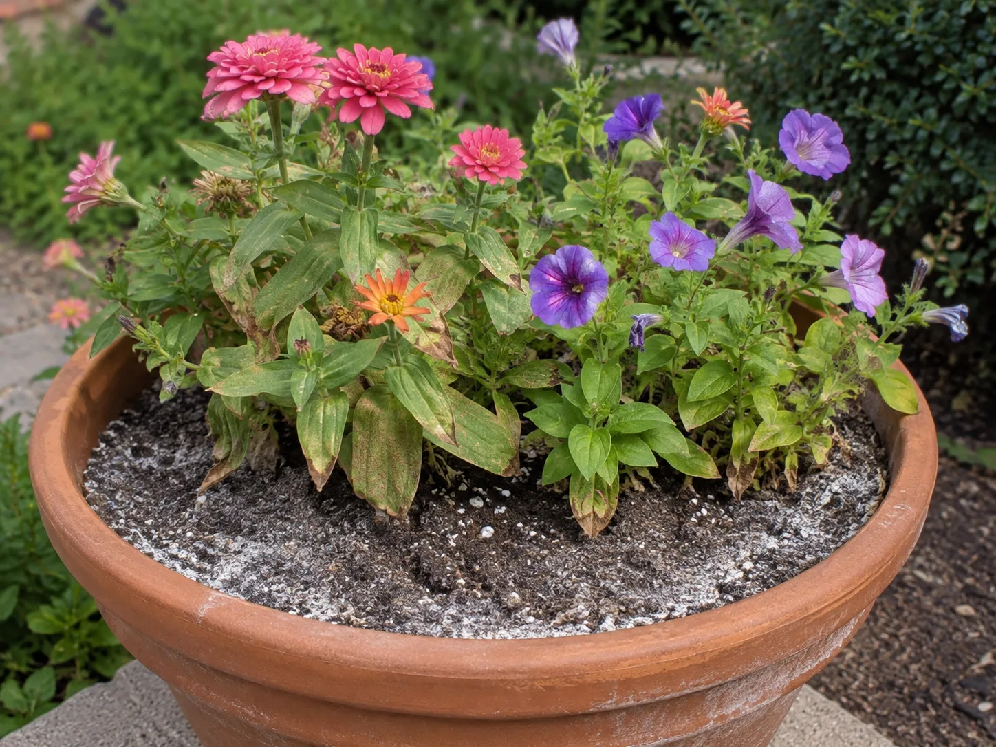 Annual flowers with browned leaf margins and fertilizer salt crust in a container