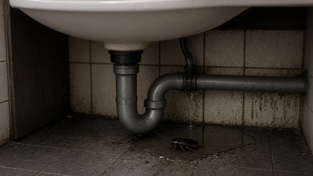 Dark cockroach near a damp home entry route, illustrating where water bugs hide indoors