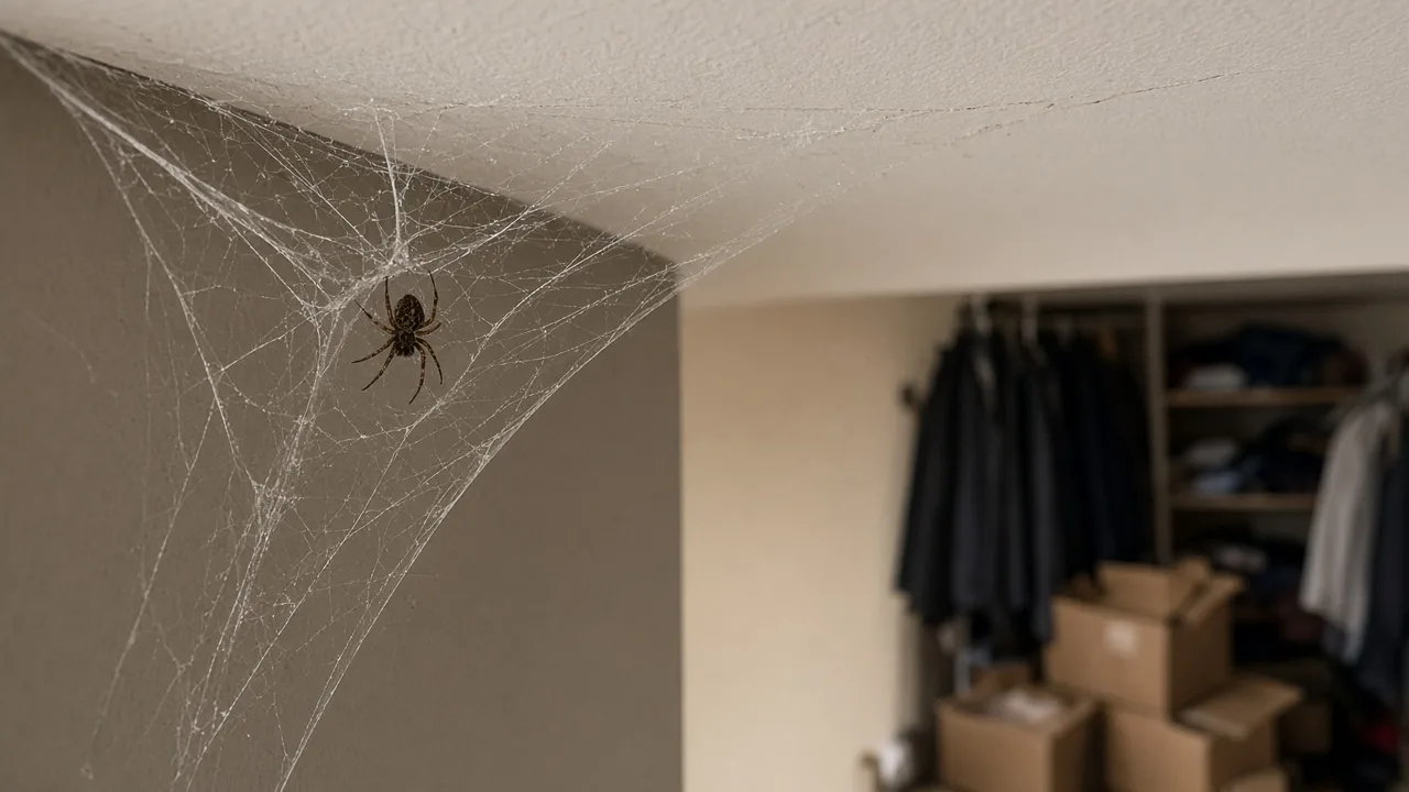 Quiet indoor corner being inspected for spider webs and hiding places
