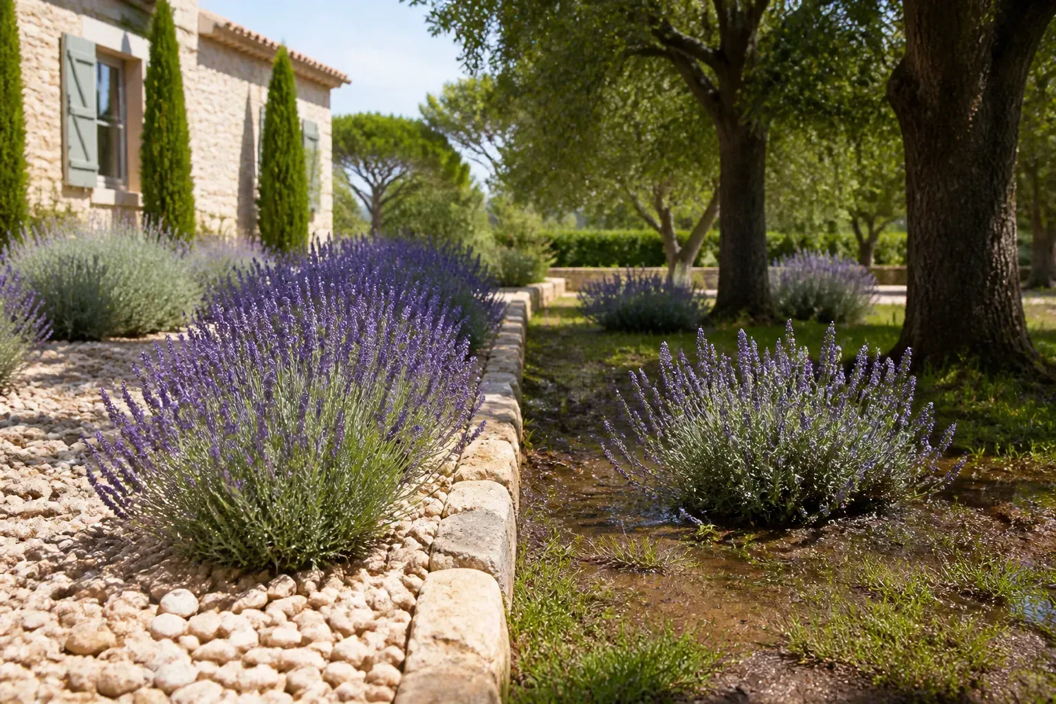 English lavender with purple blooms in a sunny, well-drained garden border