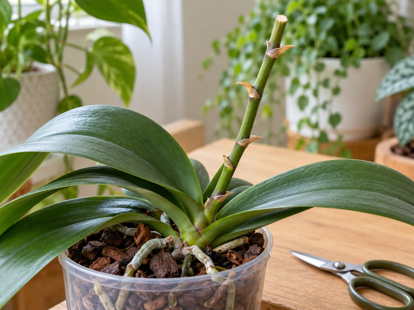 A cleanly shortened Phalaenopsis flower spike with visible lower nodes and sharp scissors nearby