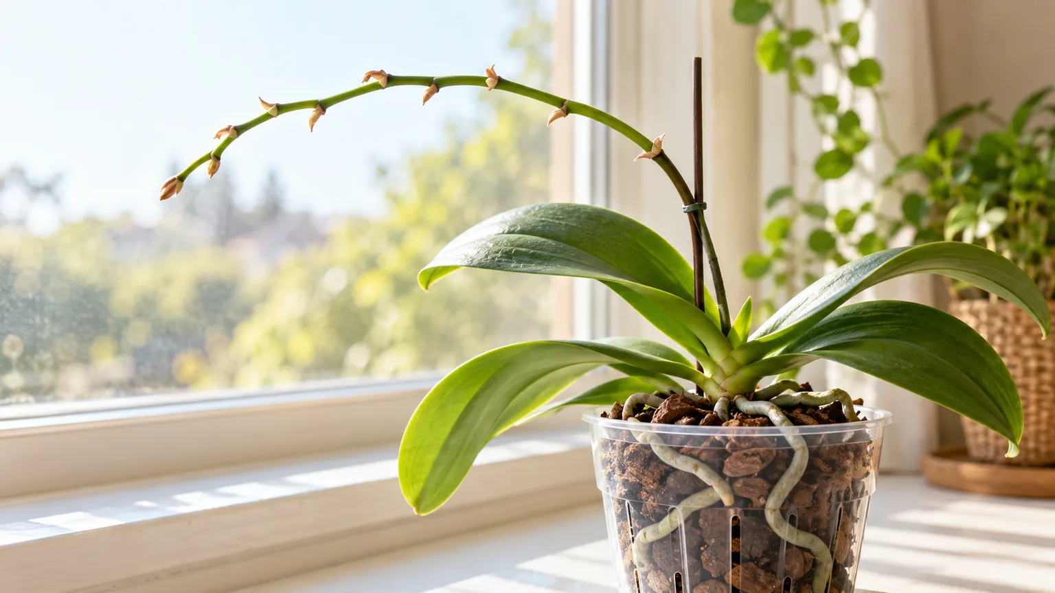 Healthy Phalaenopsis orchid with a green flower spike after the blooms have fallen