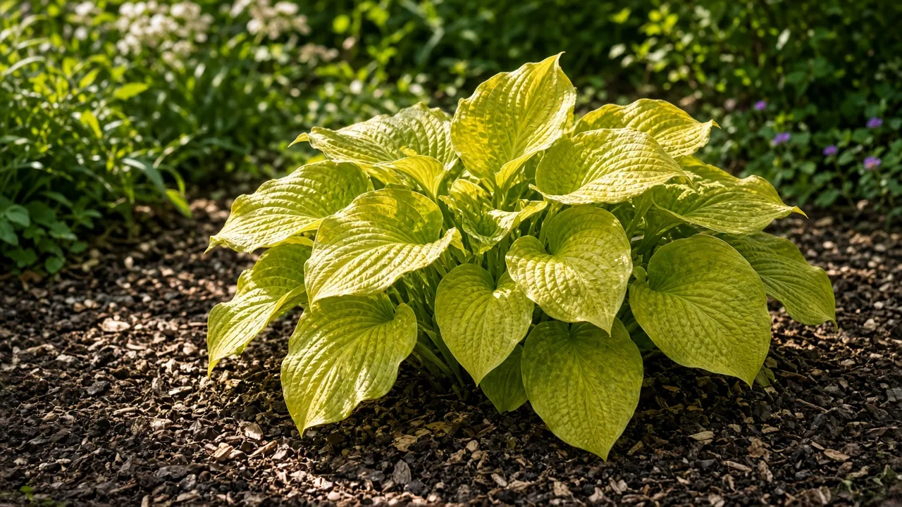 Mixed hosta foliage growing in filtered morning light beneath a garden canopy