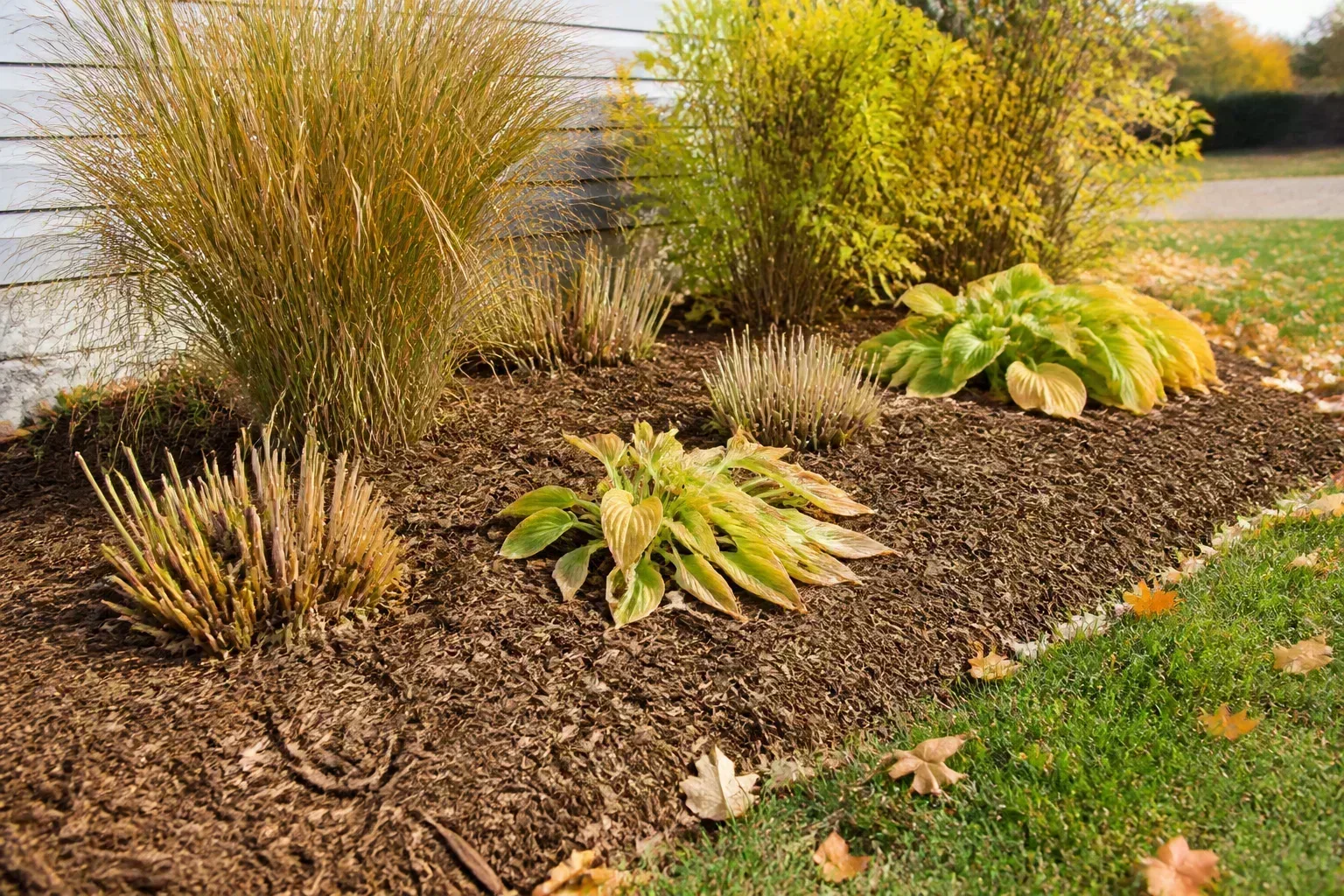 Shredded organic mulch spread evenly across a residential garden bed in autumn, insulating soil around dormant perennials