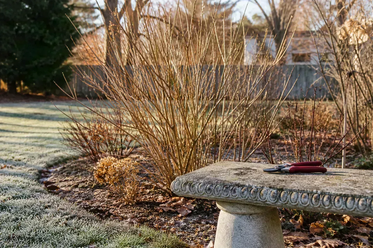 Dormant deciduous shrubs with bare branching structure in a late-fall garden, ready for seasonal pruning decisions