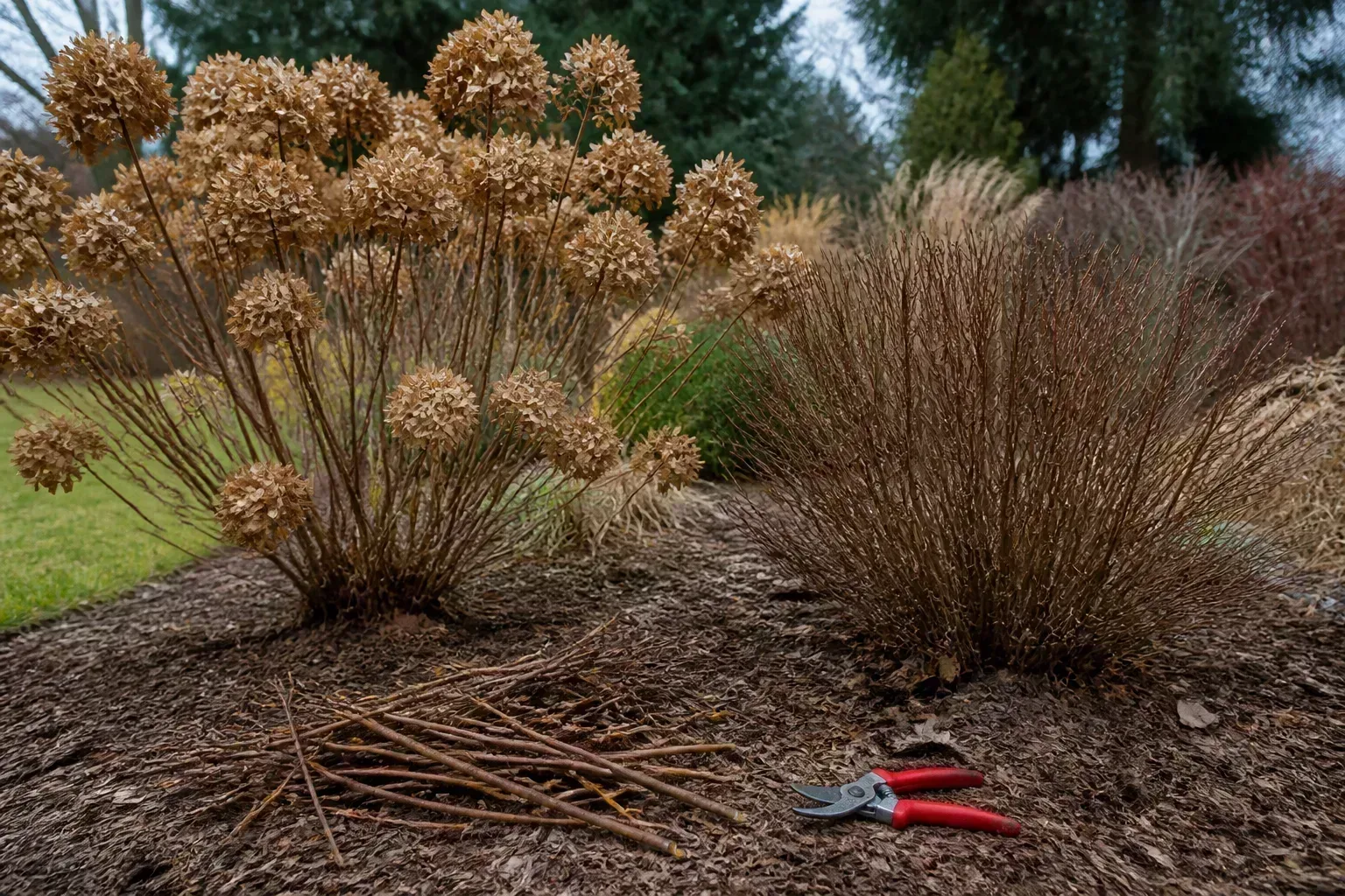 Leafless shrubs and fresh pruning cuts beside hand pruners in an autumn garden
