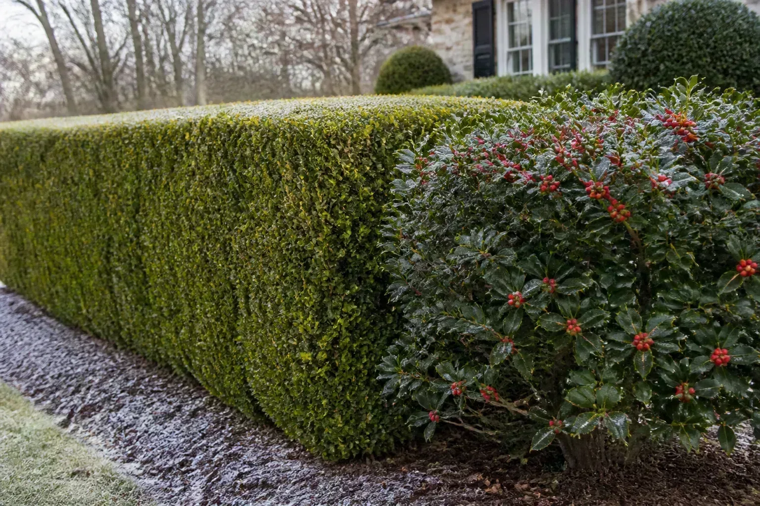 Frosted garden shrubs showing why healthy framework is often left until late winter
