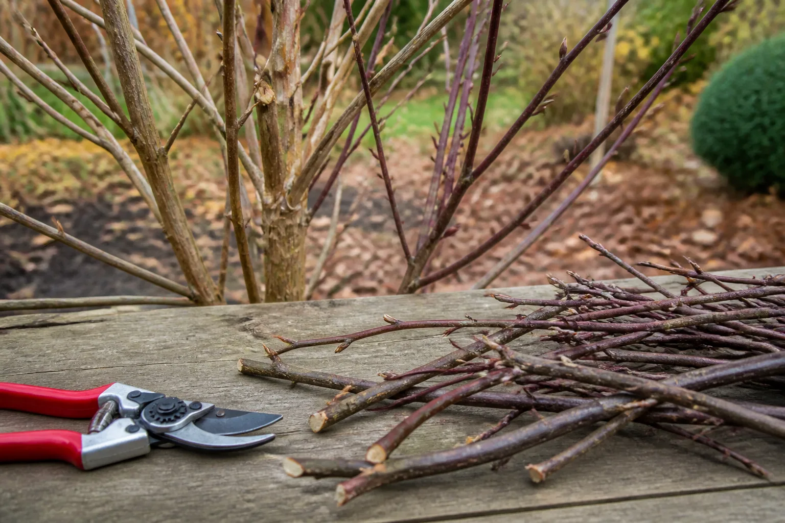 Winter shrub inspection with pruning shears beside a bare garden shrub