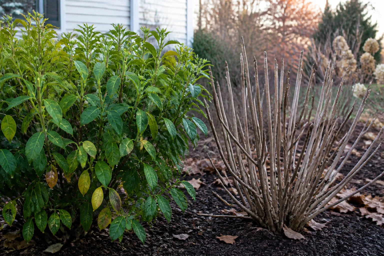 A garden shrub cut back before winter beside healthy foliage, representing the restrained post-frost pruning approach that keeps living growth in place