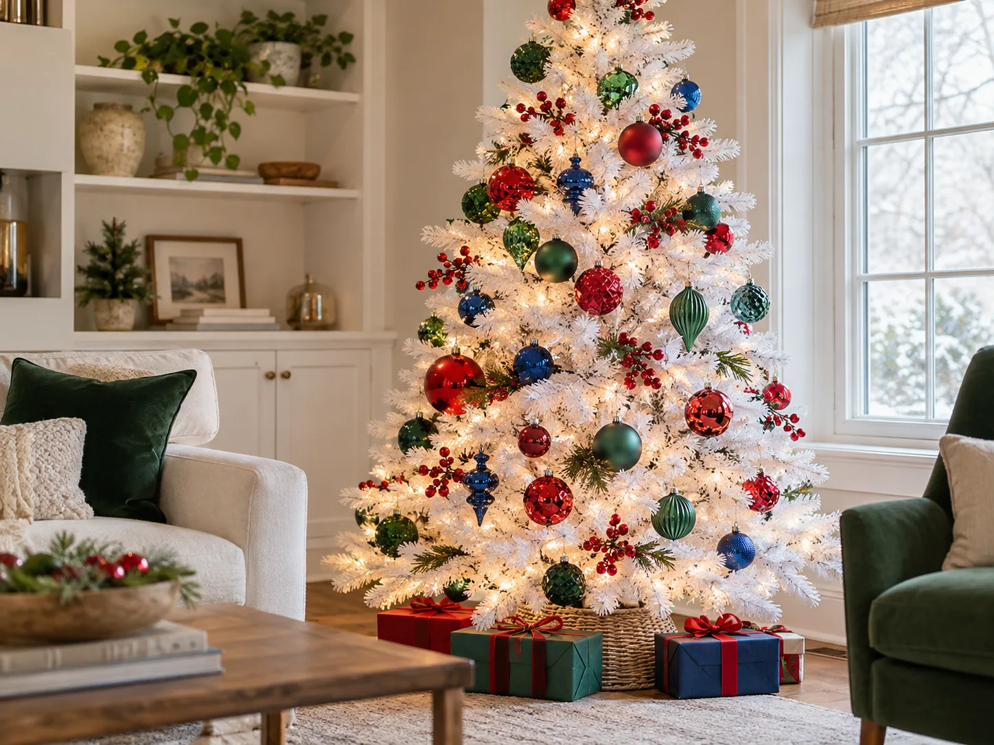 A white Christmas tree styled with colorful jewel-tone ornaments and warm lights.