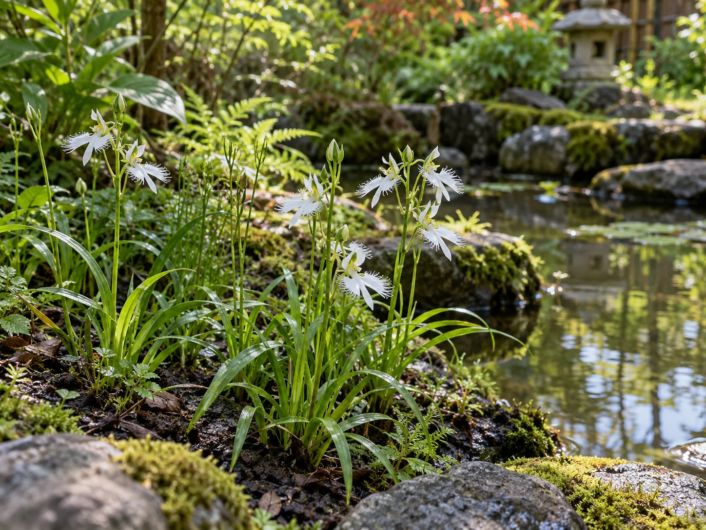 White egret orchids growing in a bright, moist but not flooded garden bed beside a pond