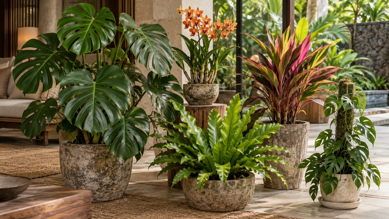 Five tropical houseplants grouped in a bright, resort-inspired living room