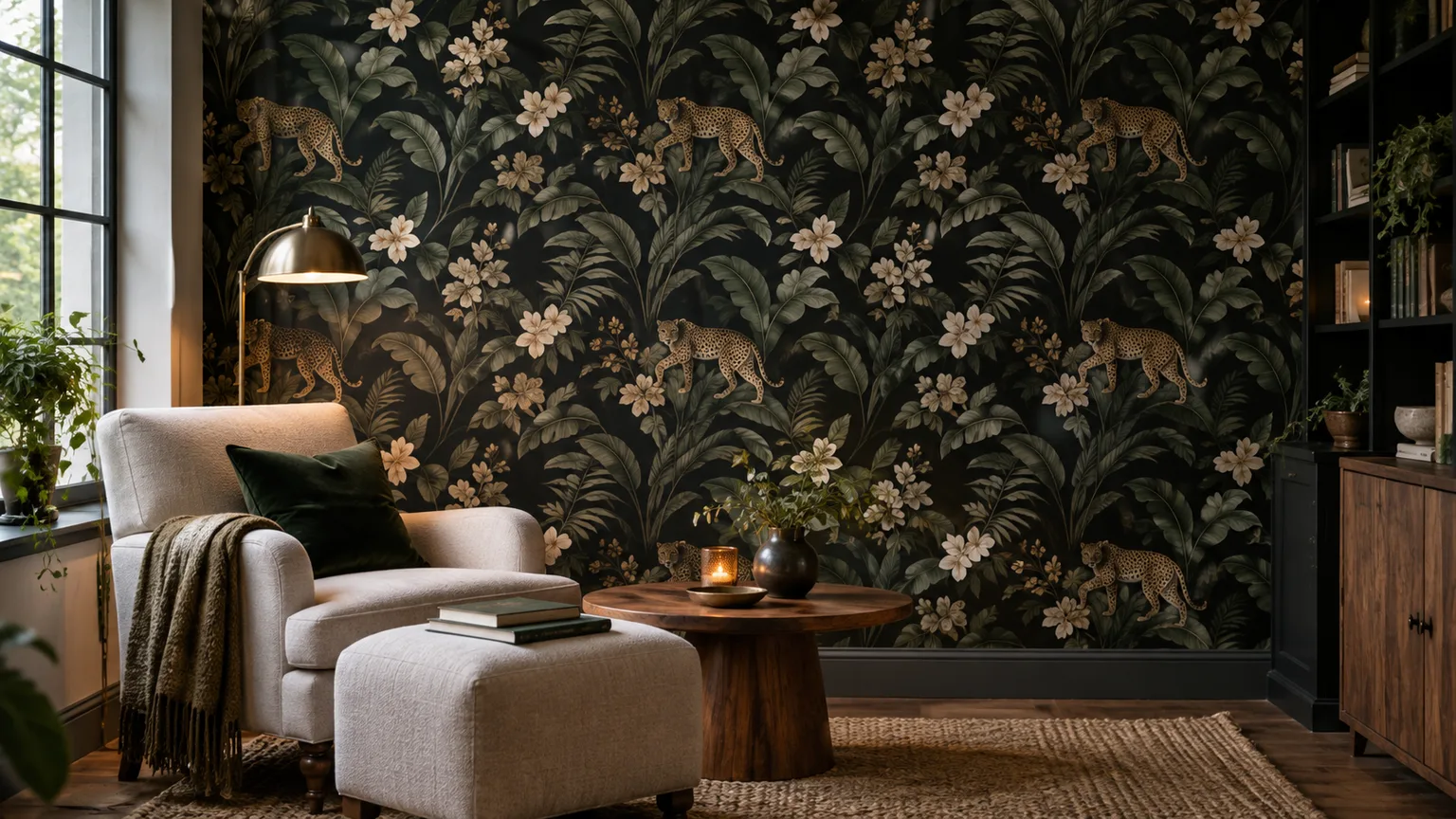 Illustrative reading room with dark botanical wallpaper and a repeating leopard motif