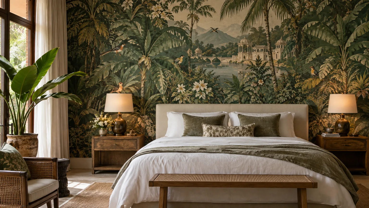 A boutique-style bedroom with a dramatic tropical scenic wallpaper feature wall