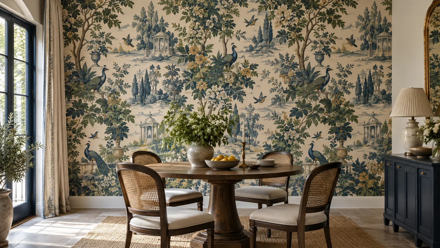 Illustrative dining nook with an original scenic toile wallpaper pattern, birds, peacocks, and garden architecture