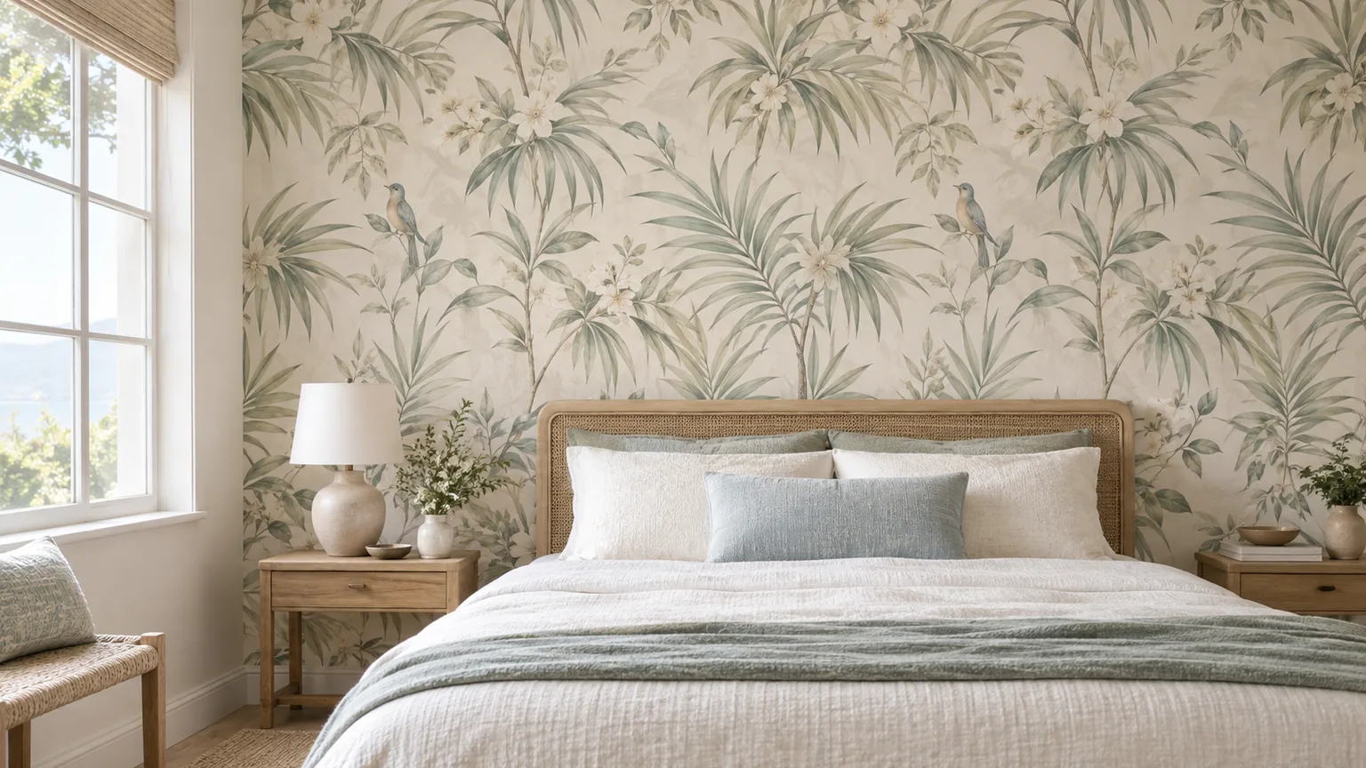 Illustrative bright bedroom with soft palm, flower, and bird wallpaper