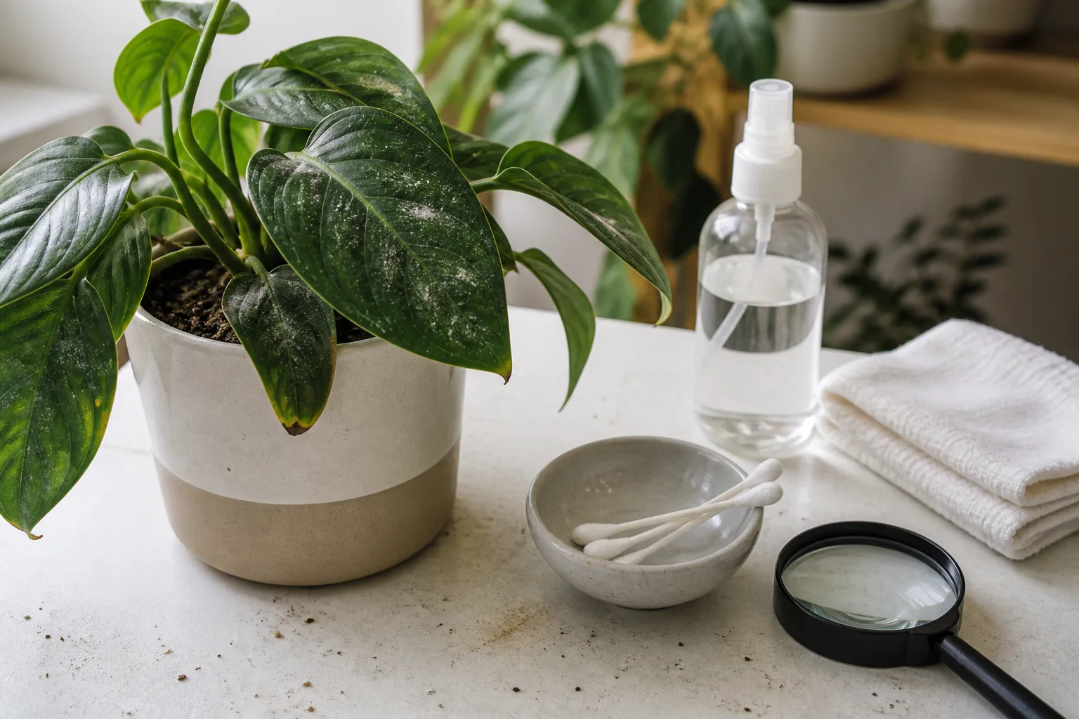 Illustrated step-by-step workflow for diagnosing white spots on houseplant leaves