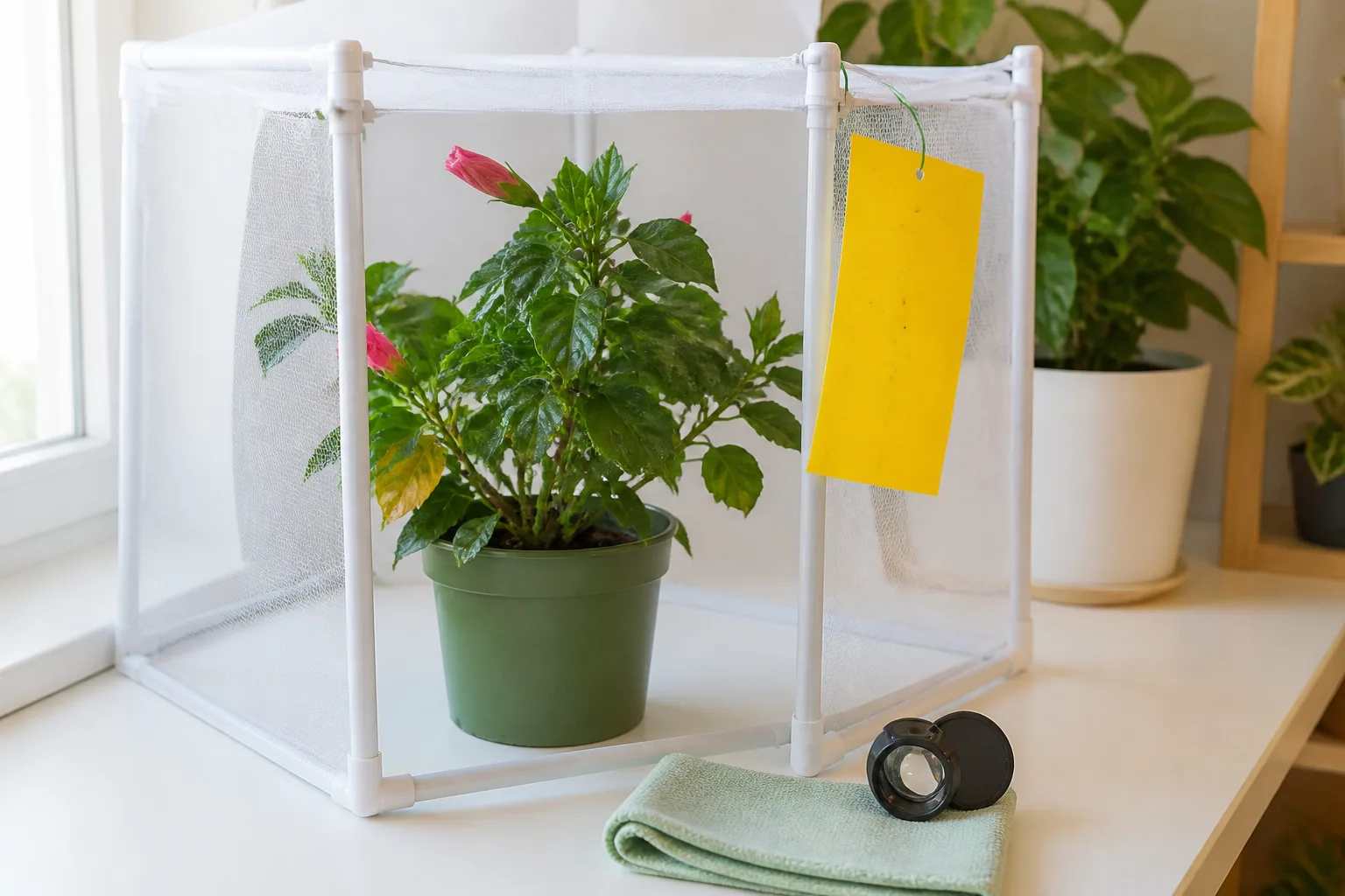Yellow sticky card at canopy height beside a houseplant with whitefly adults stuck to the adhesive