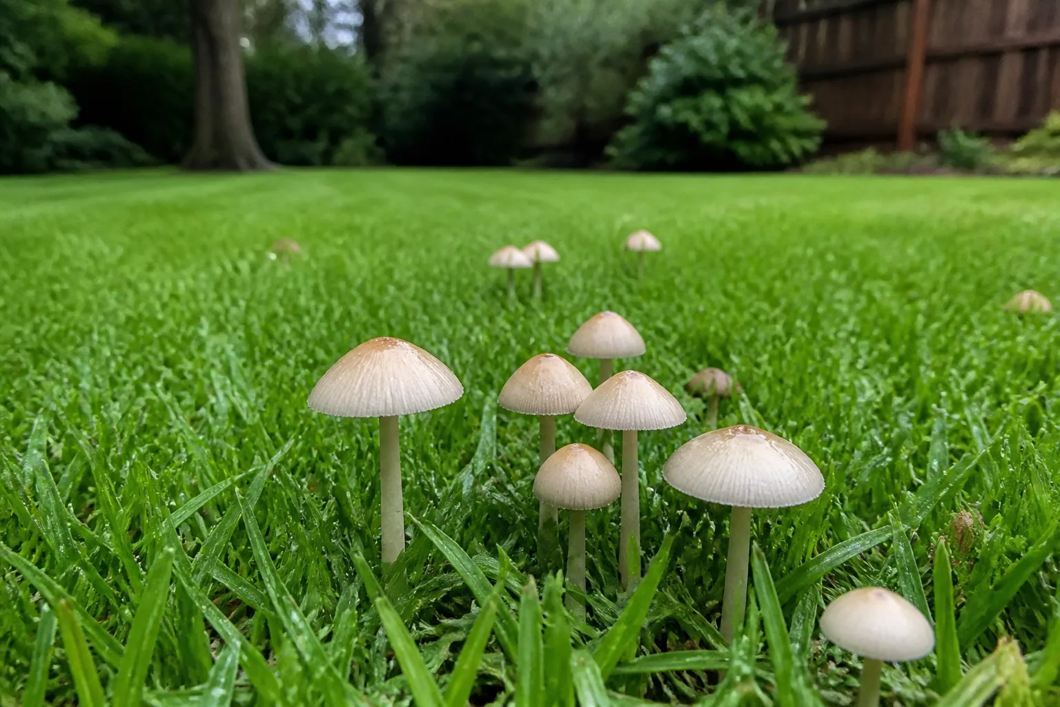 Mushrooms emerging from healthy grass after rain in a residential lawn