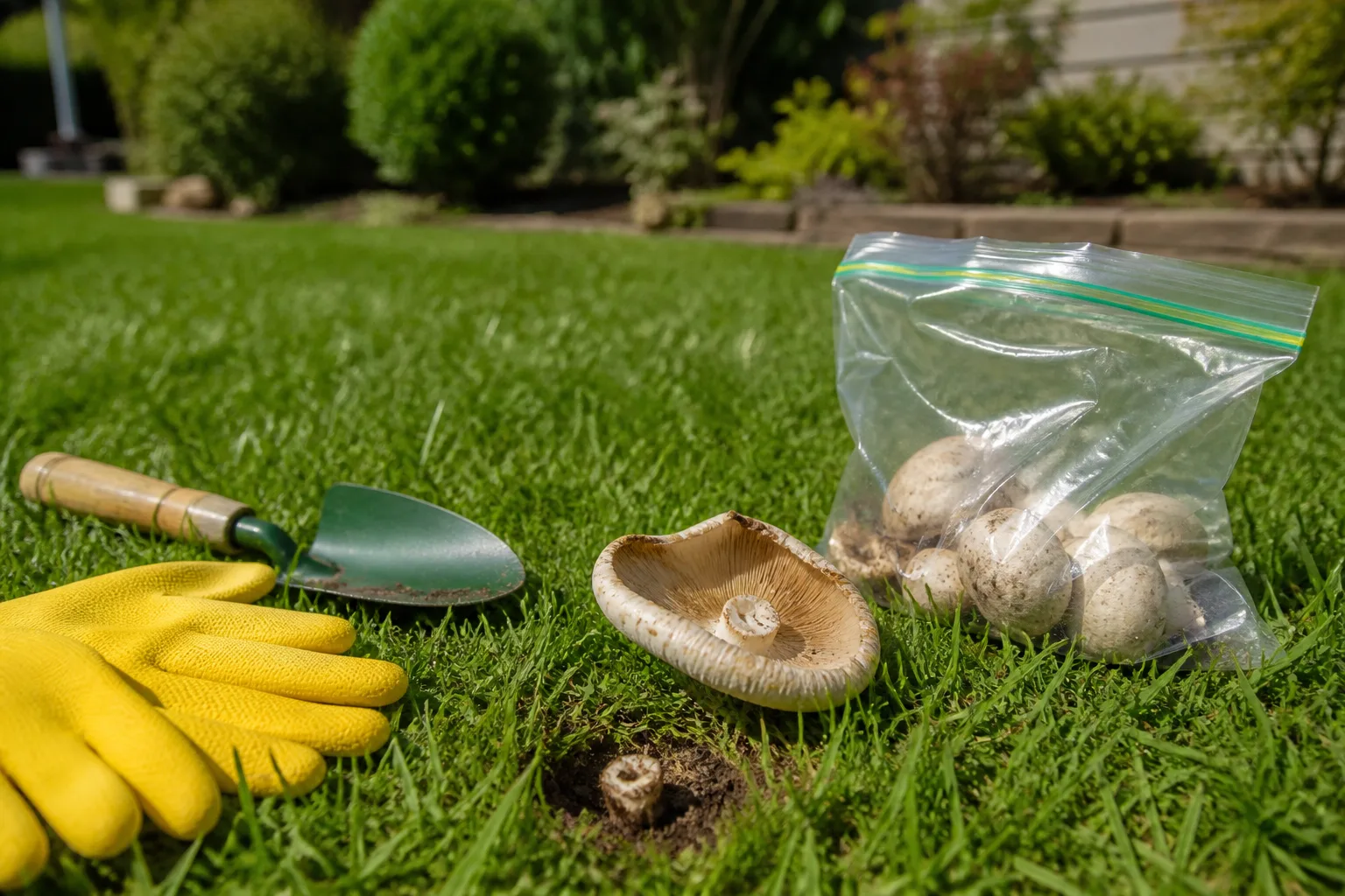 Hand-picked white lawn mushrooms ready for sealed bag disposal