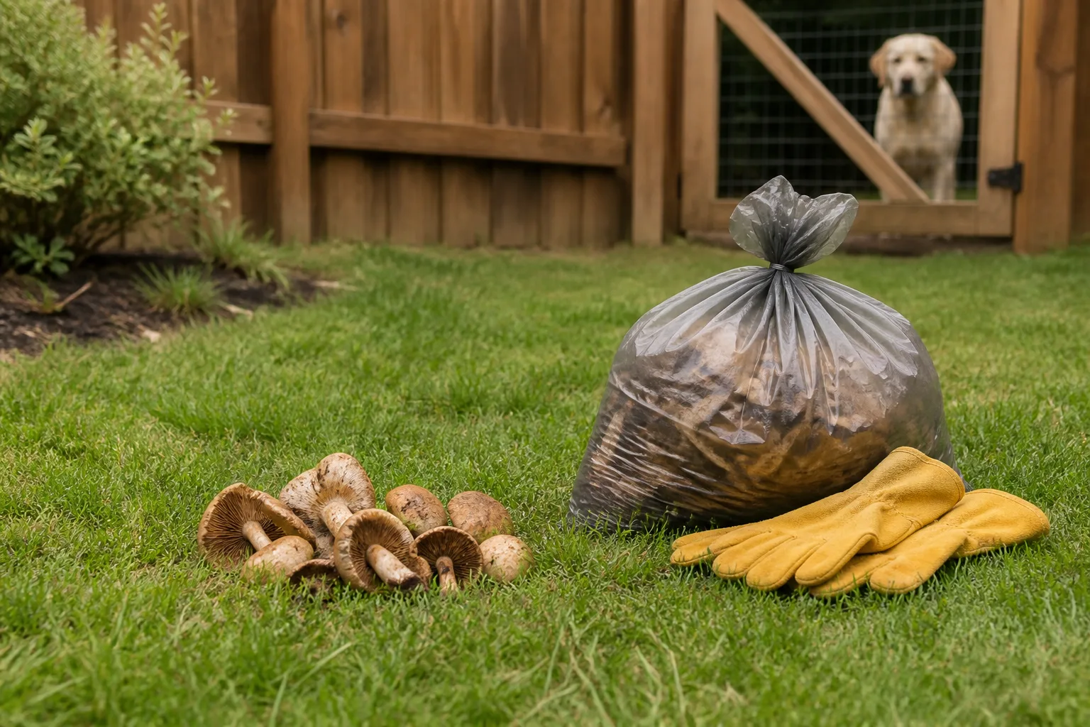 White lawn mushrooms in a yard area where pets and children may play