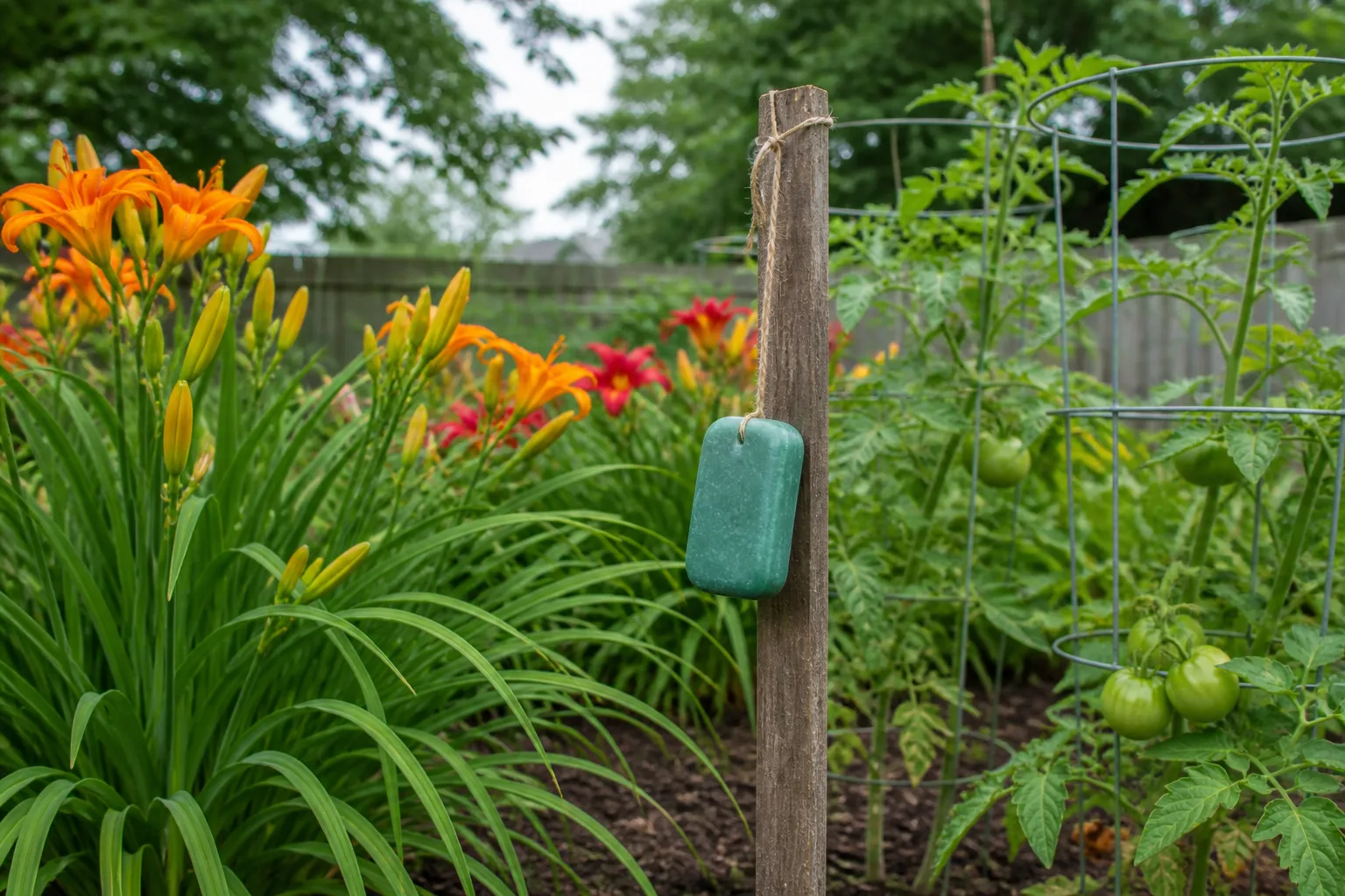 Green bar soap hanging from twine on a wooden stake in a backyard flower and vegetable bed