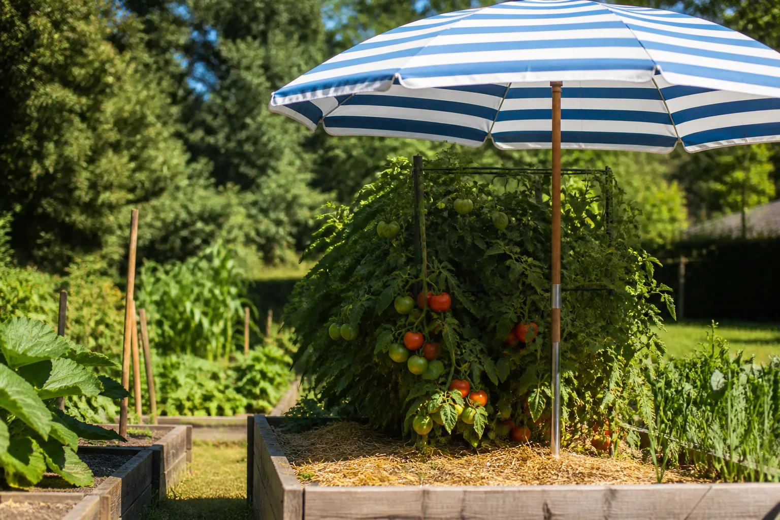 Tomato plant under an umbrella with green and ripening fruit in a sunny garden bed