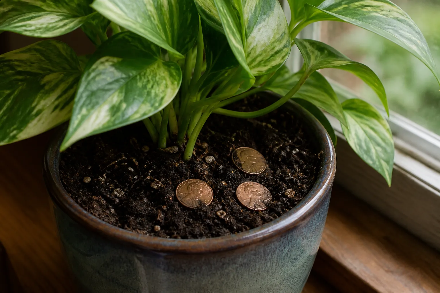 Houseplant potting soil with US pennies pressed into the surface beside a healthy indoor plant on a windowsill