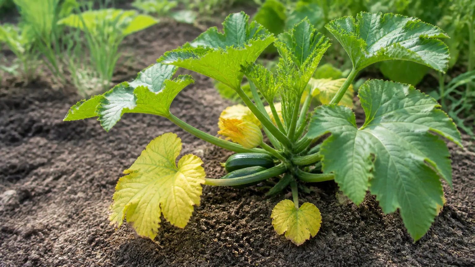 Young zucchini plant with yellowing lower leaves and healthy green new growth in a garden bed