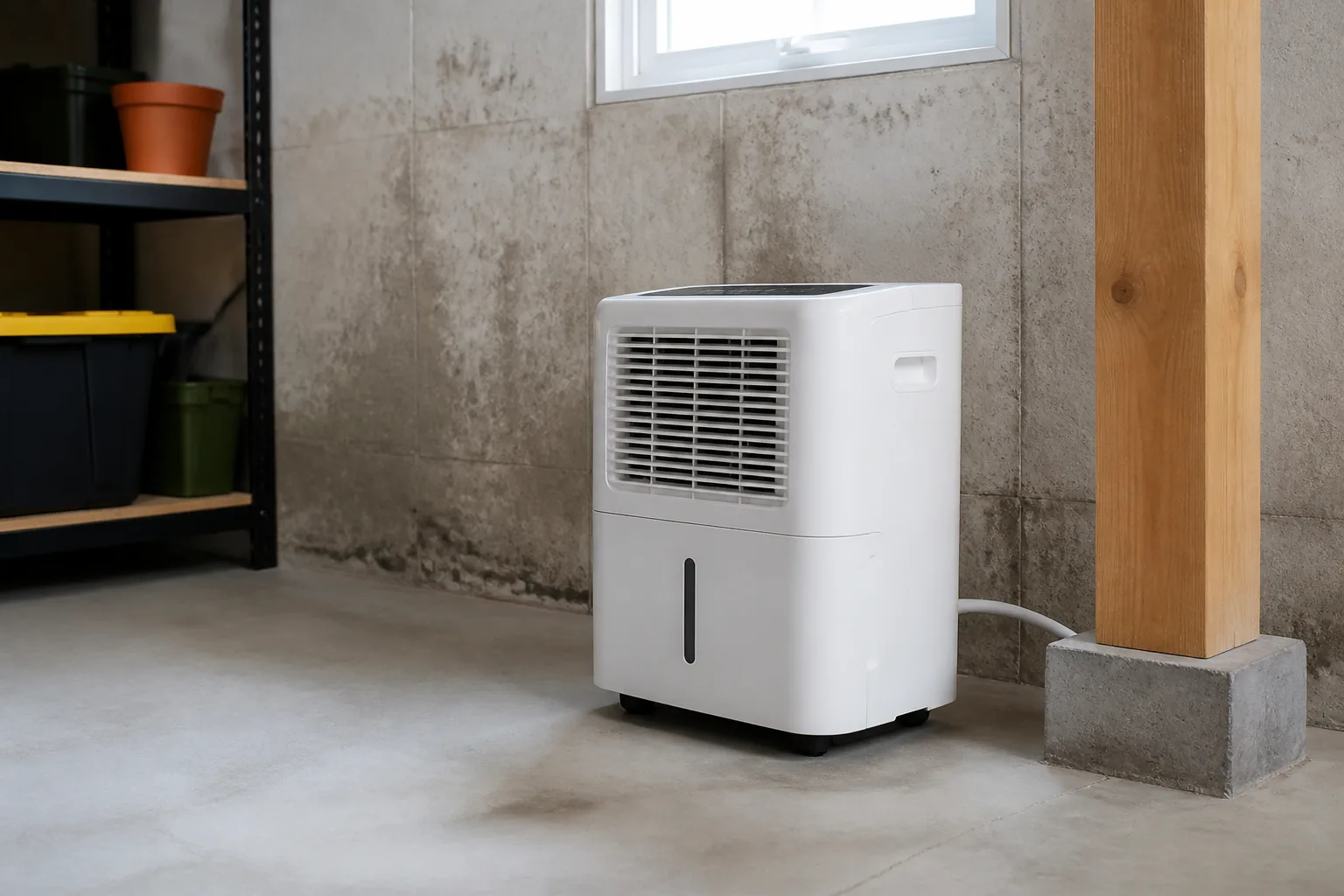 White dehumidifier running on the floor of a clean residential basement corner