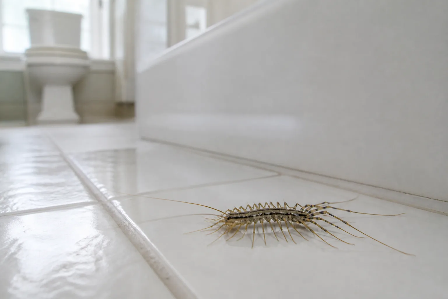 A house centipede with long banded legs on a bright bathroom tile floor near a bathtub