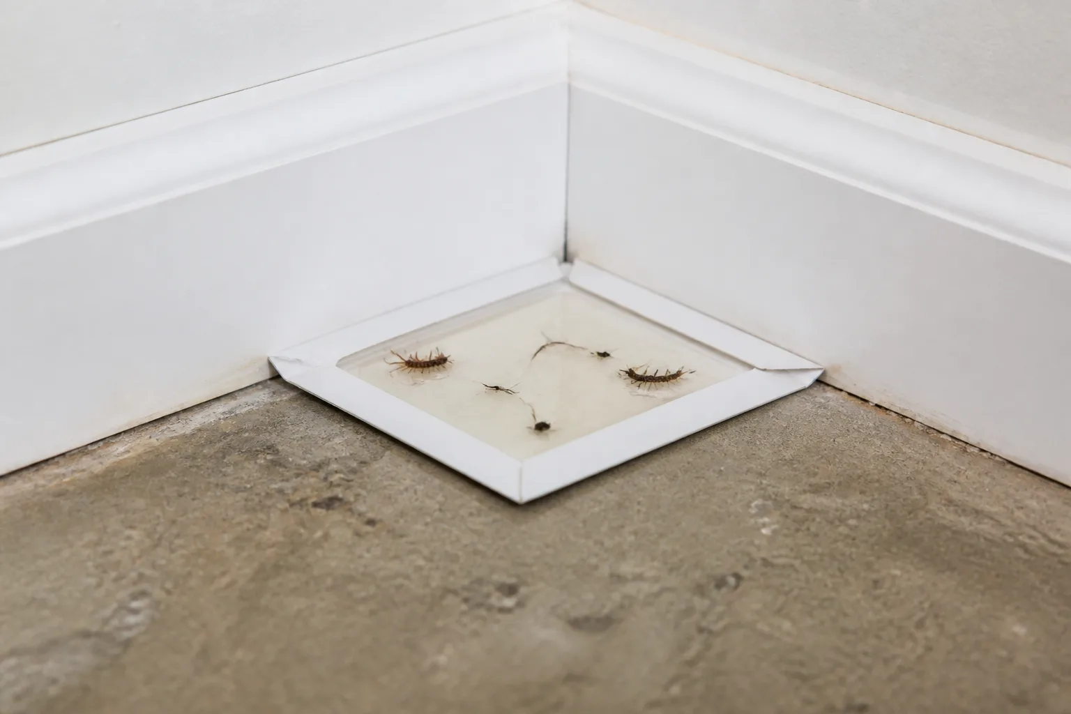 Sticky insect monitor trap placed flat against a basement baseboard corner for pest monitoring