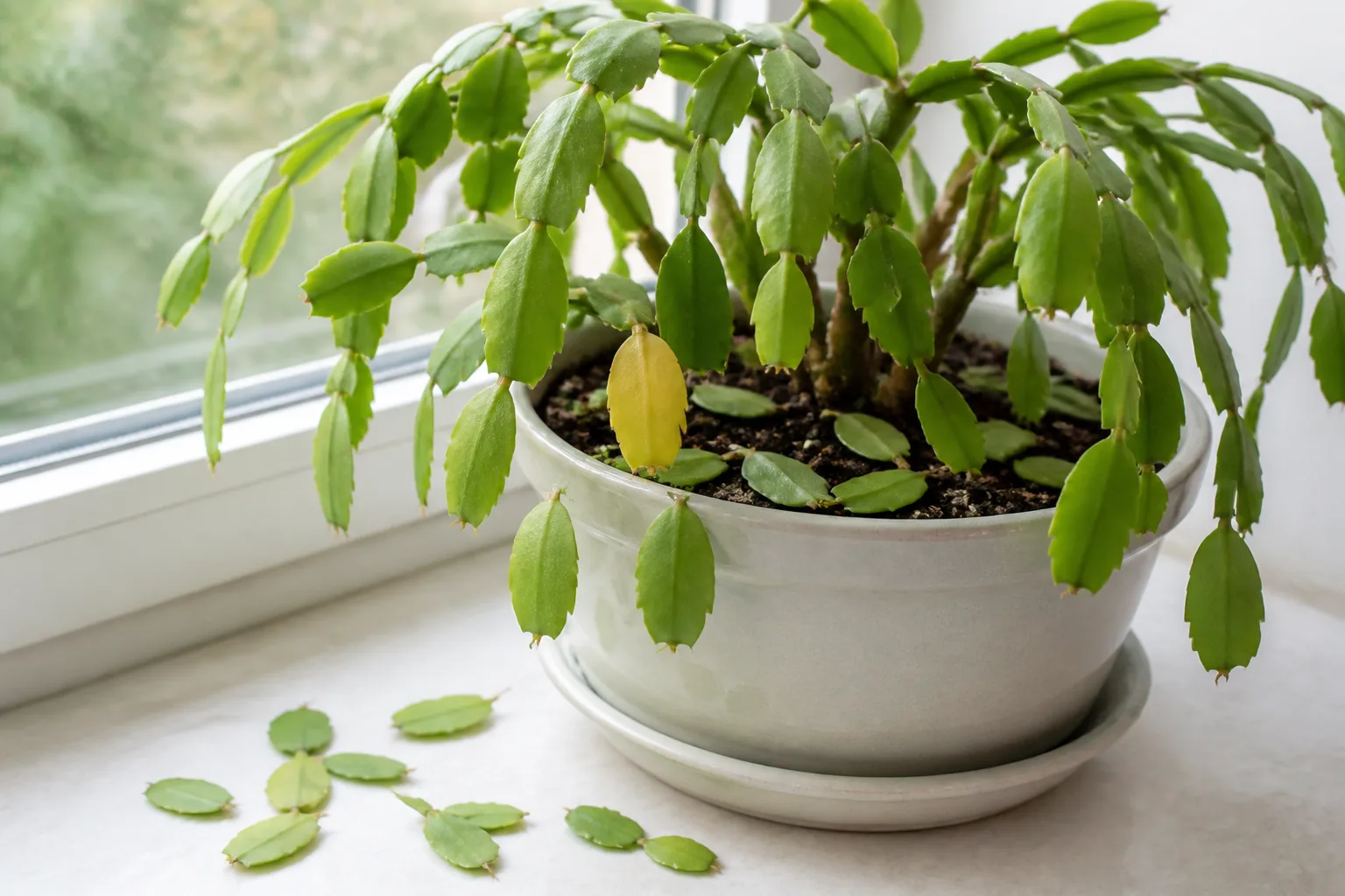 Christmas cactus with fallen segments on the soil surface showing alarming leaf drop