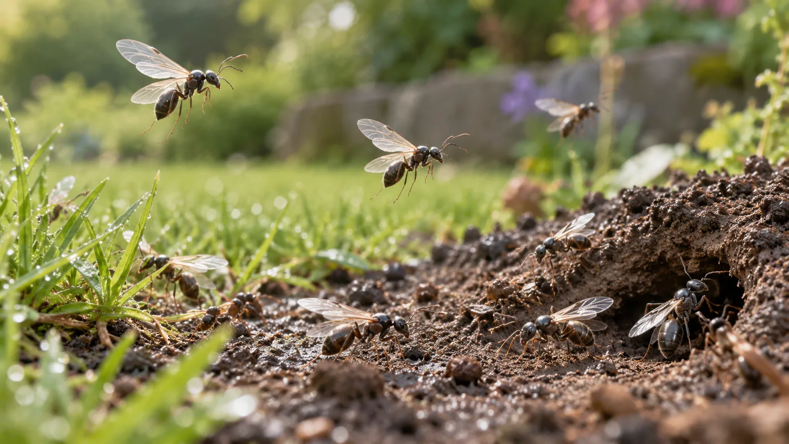 Winged ants gathering around a soil nest during a seasonal mating flight