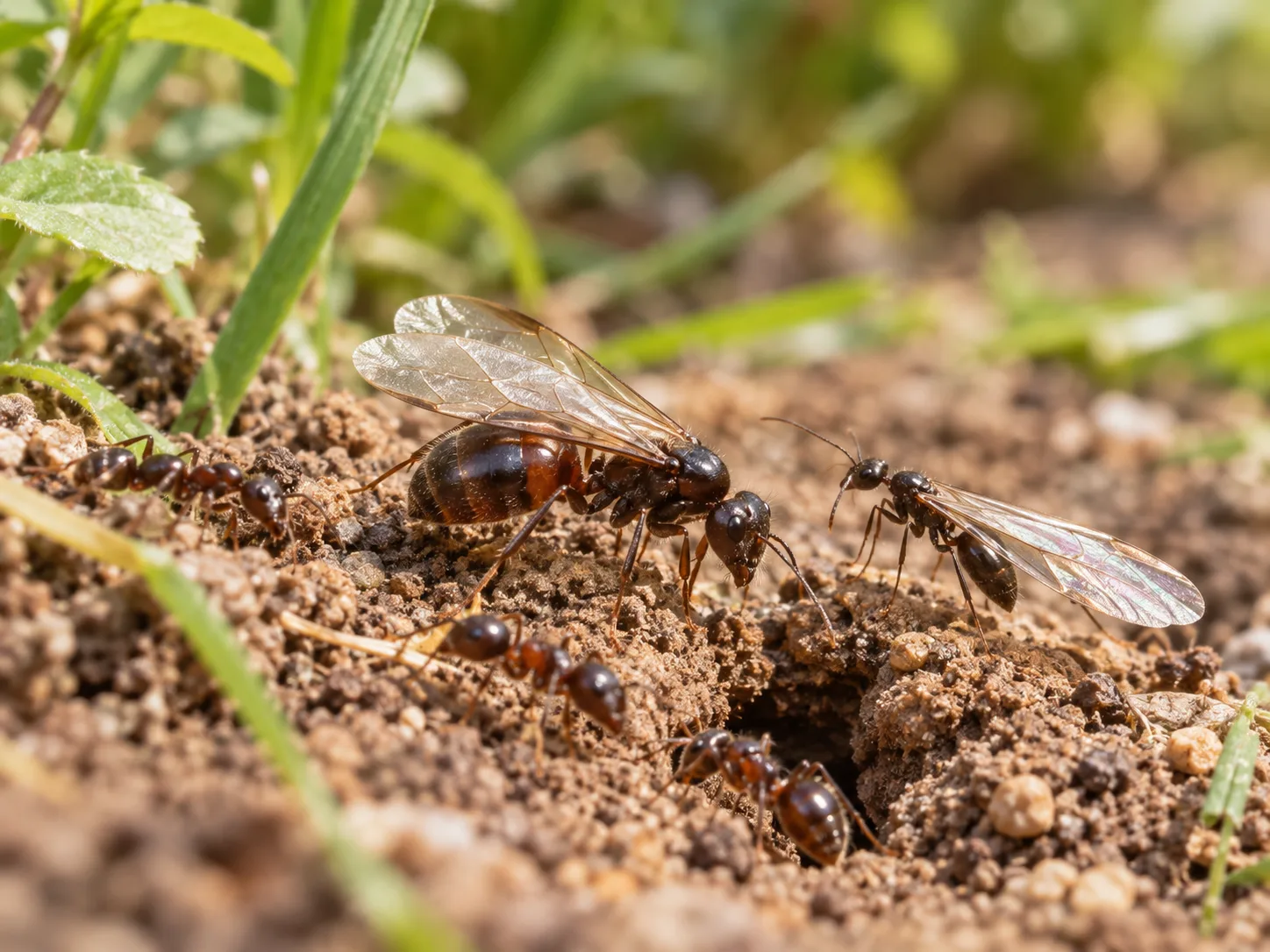 Winged ants are reproductive queens and males among wingless workers at a soil nest