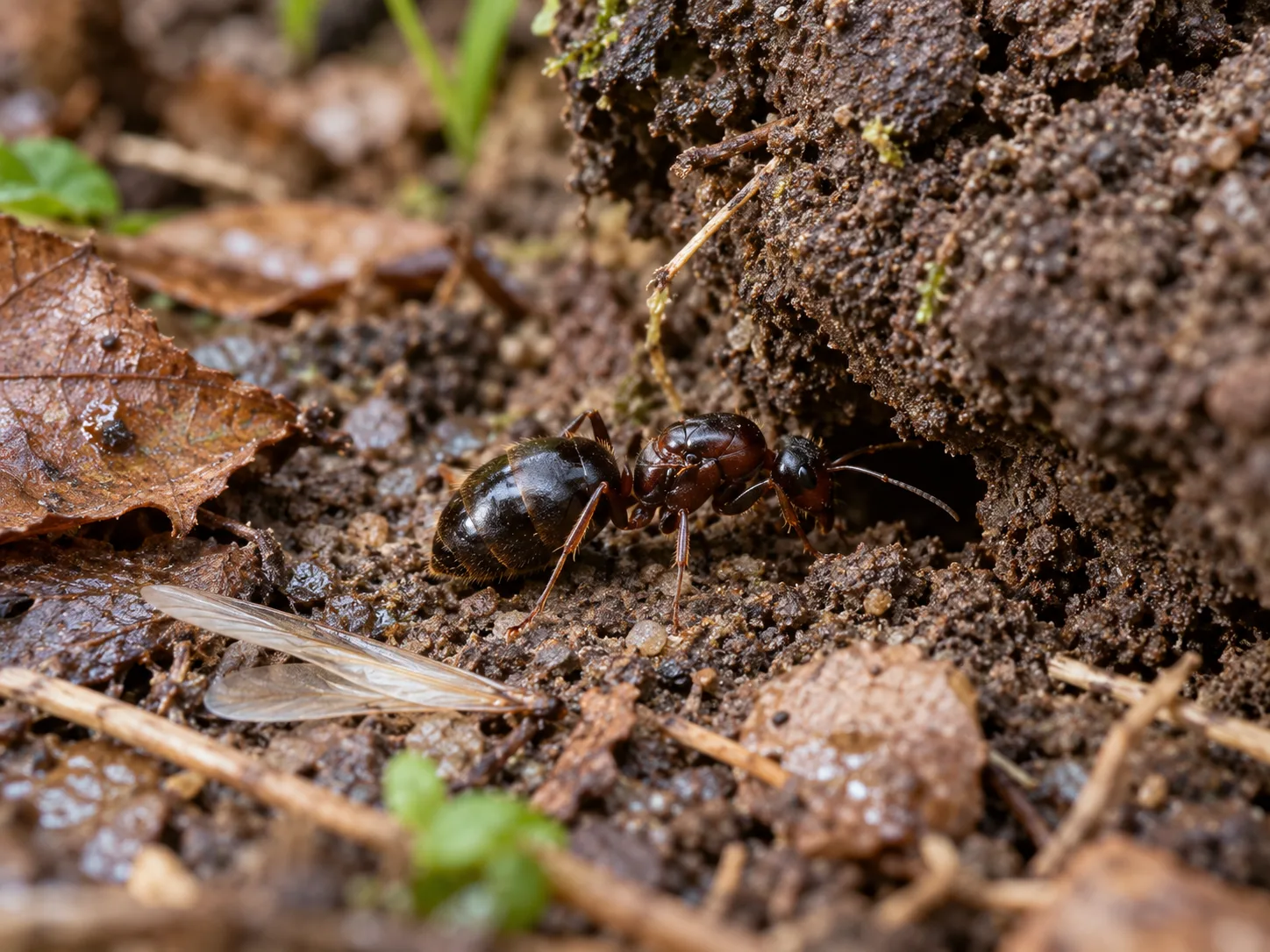 A newly mated queen ant investigates a soil crevice beside her shed wings