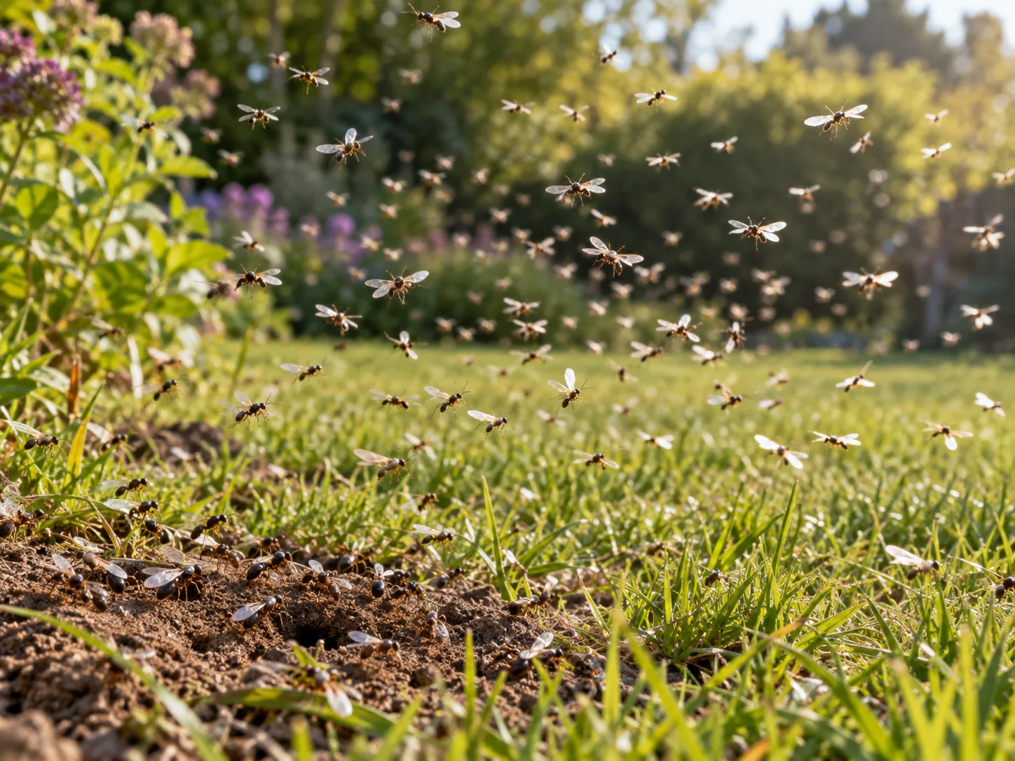 A brief outdoor swarm of winged ants rises above a garden nest