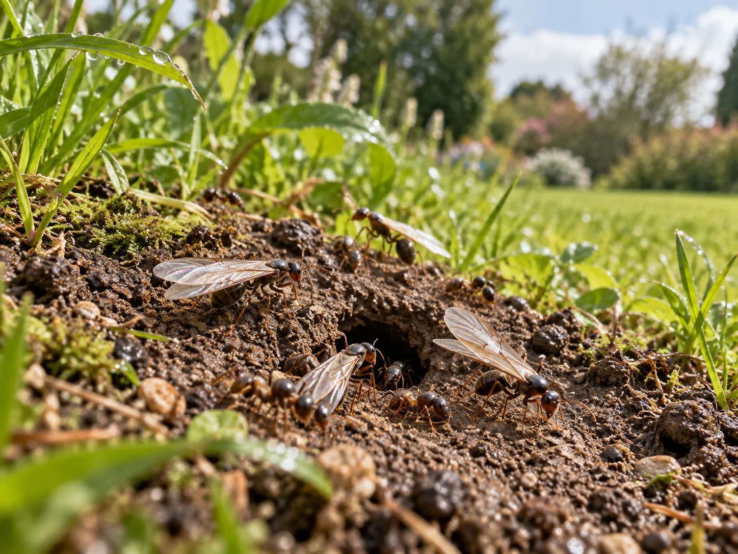 Winged ants gather at a garden nest during a calm seasonal flight window