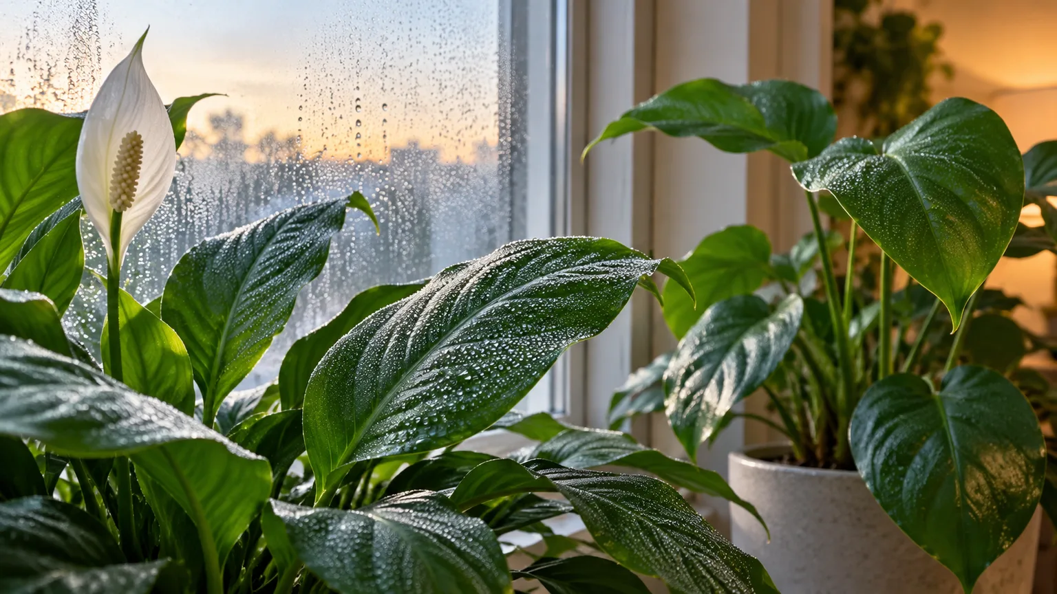 Fine condensation beads cover several houseplant leaves beside a cool window.