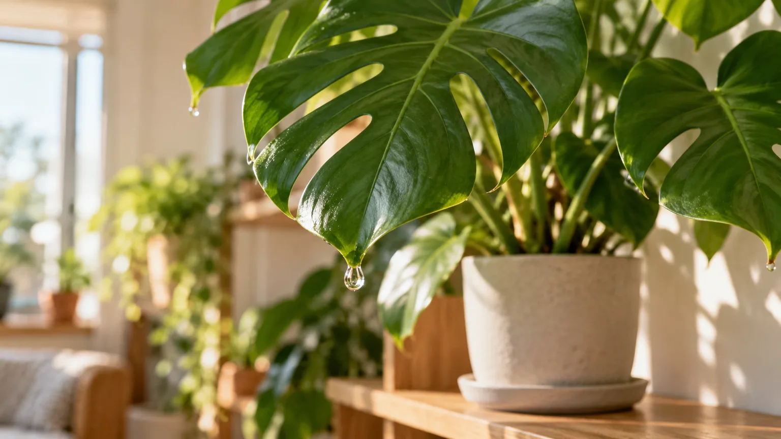 Healthy Monstera with clear water beads hanging from pointed leaf tips in a bright indoor corner