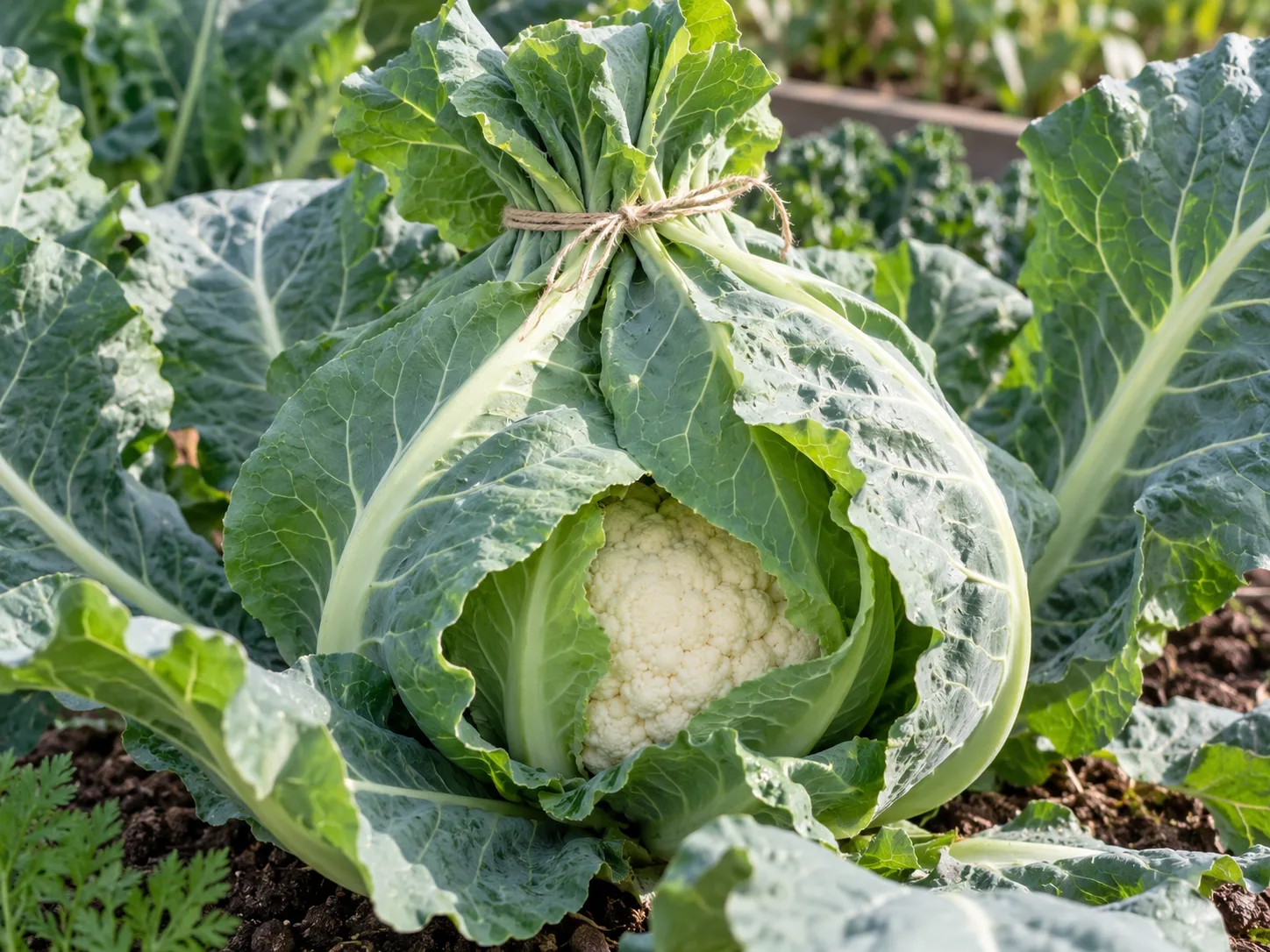 Healthy cauliflower curd shaded by its own wrapper leaves, loosely secured above the head
