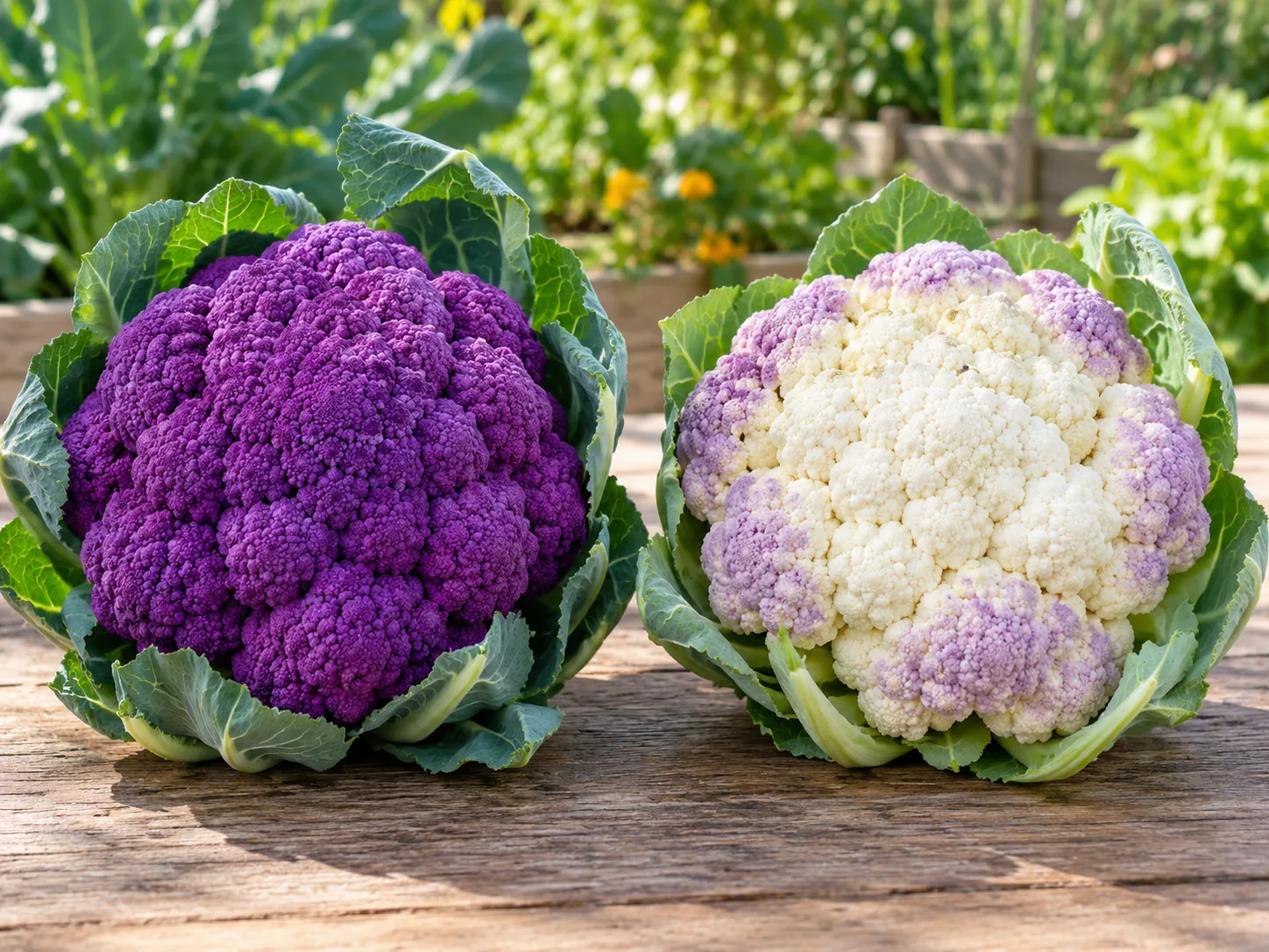 A deep-purple cauliflower cultivar beside a white cauliflower with a natural purple blush on exposed florets