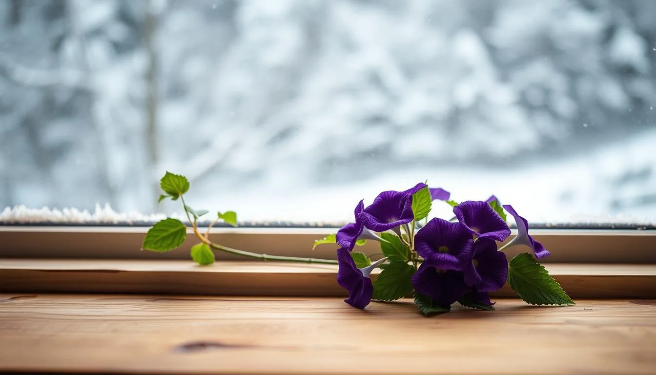 Purple flowering houseplant beside a snowy winter window
