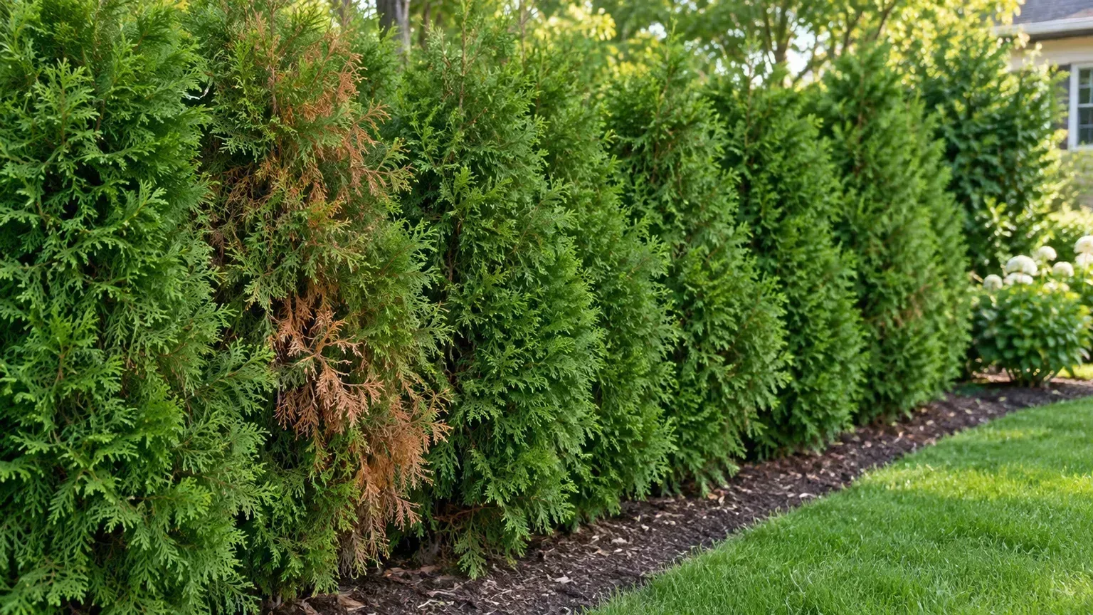 A mostly green arborvitae hedge with a localized patch of brown foliage