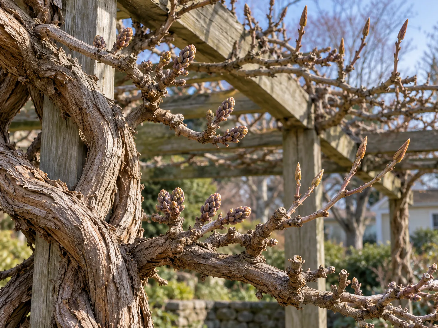 Dormant wisteria framework with rounded flower buds on short spurs and pointed vegetative buds on new shoots