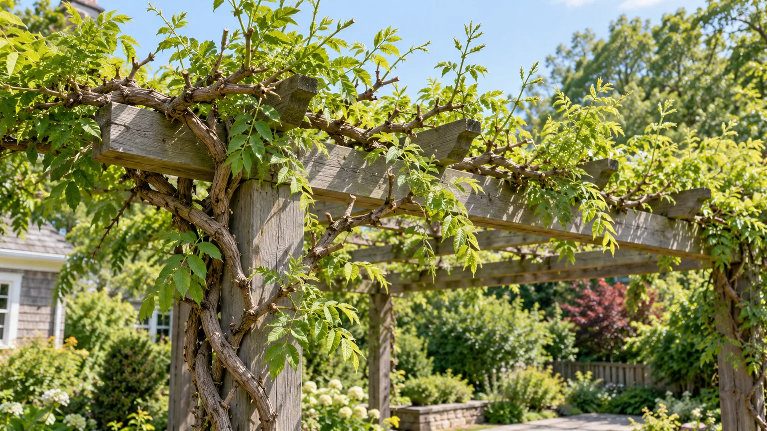 Summer pruning keeping a mature wisteria vine within its support
