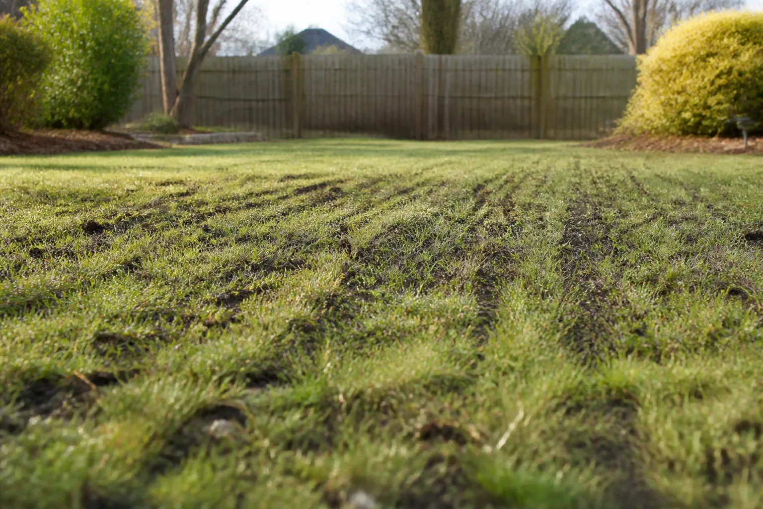 Cool-season lawn in early spring with fresh slit-seeding grooves across thin turf
